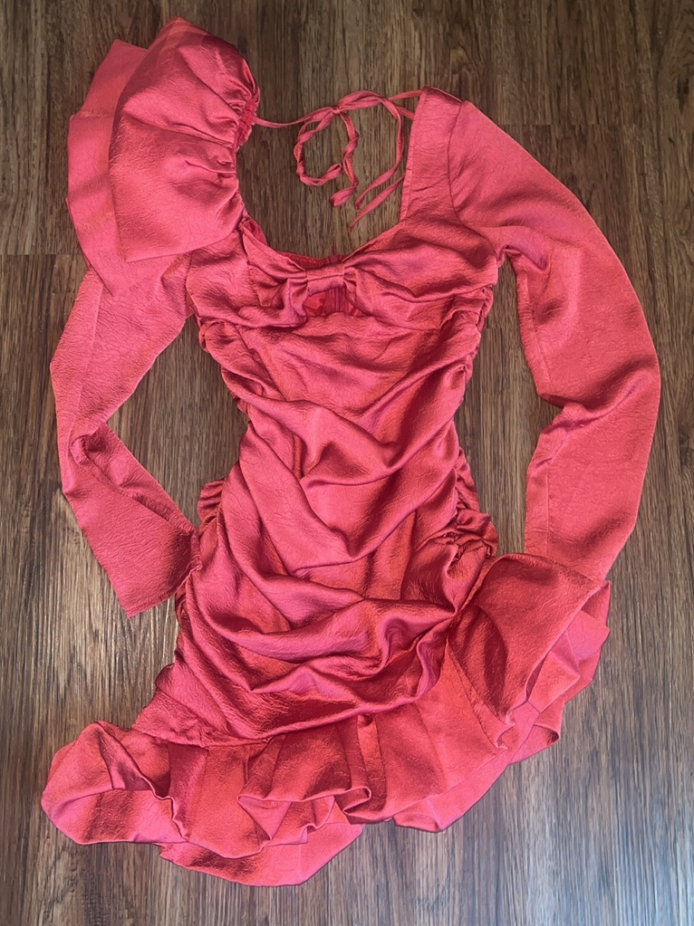 PrettyLittleThing Coral Pink Ruffled Long Sleeve Mini Dress